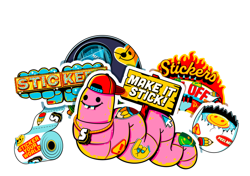 Kleurrijke eigen contourgesneden stickers, waaronder een roze worm met een bordje "Make it stick!"